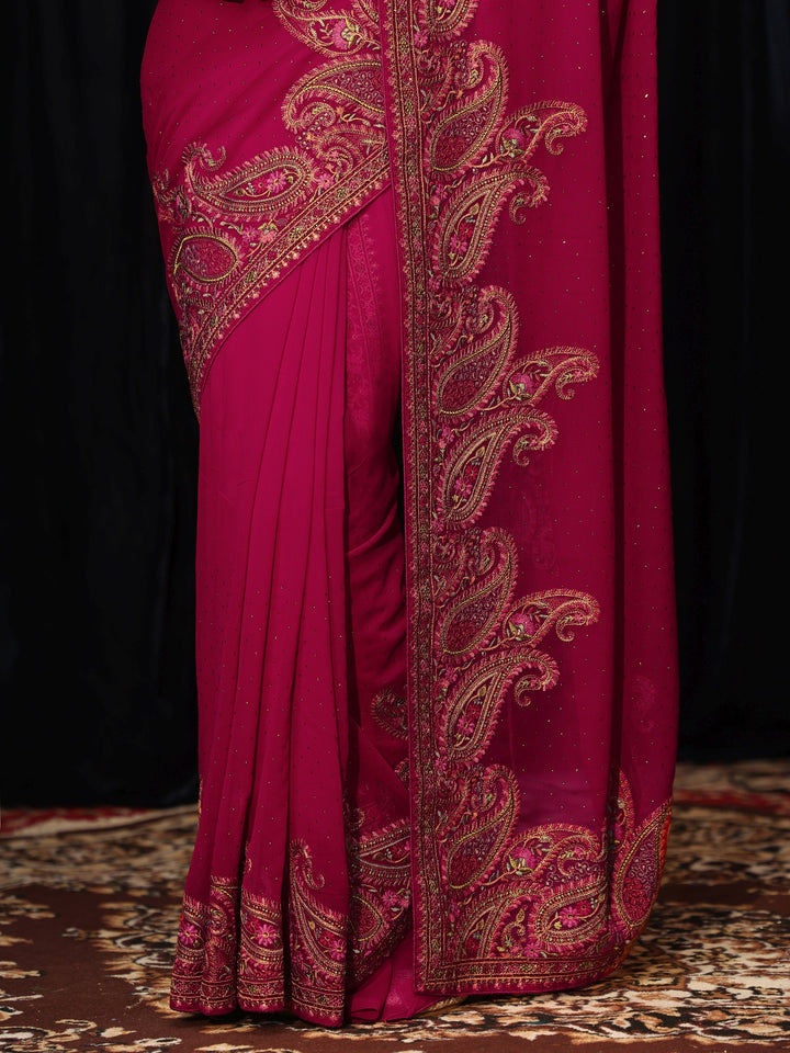 Libas Aari Embroidered Magenta Pink Georgette Saree