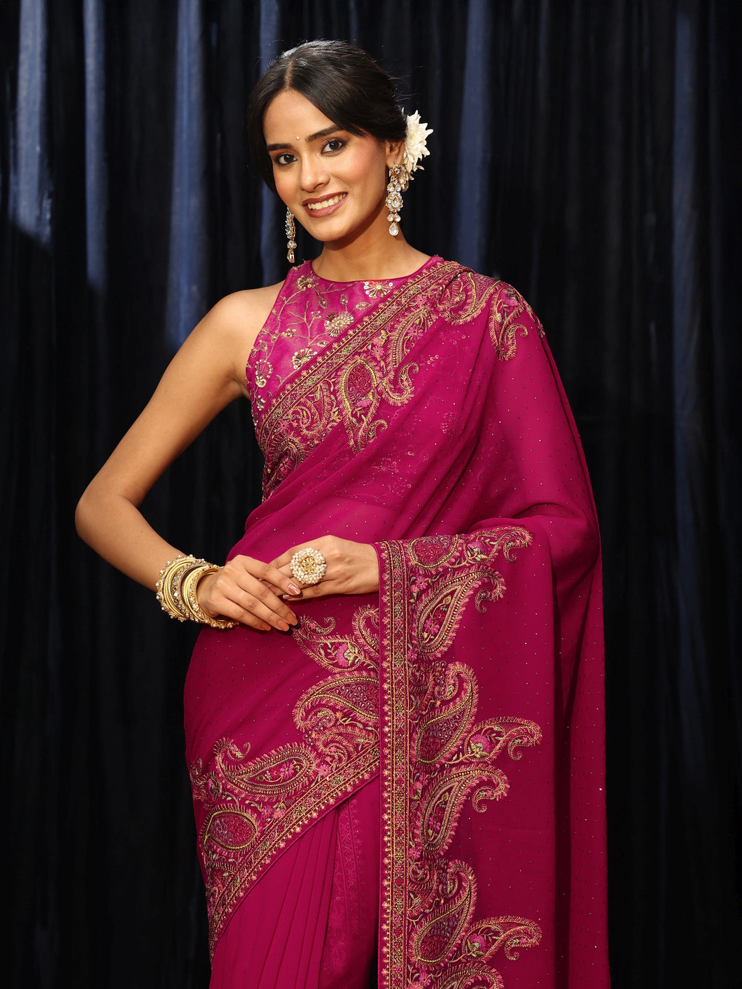 Libas Aari Embroidered Magenta Pink Georgette Saree