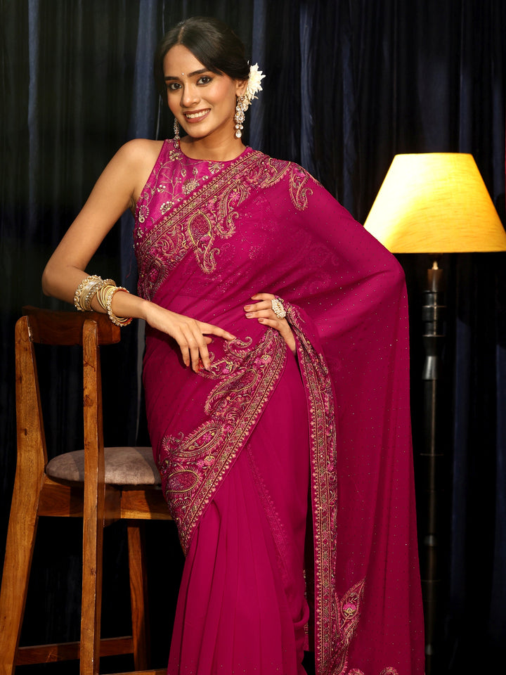 Libas Aari Embroidered Magenta Pink Georgette Saree