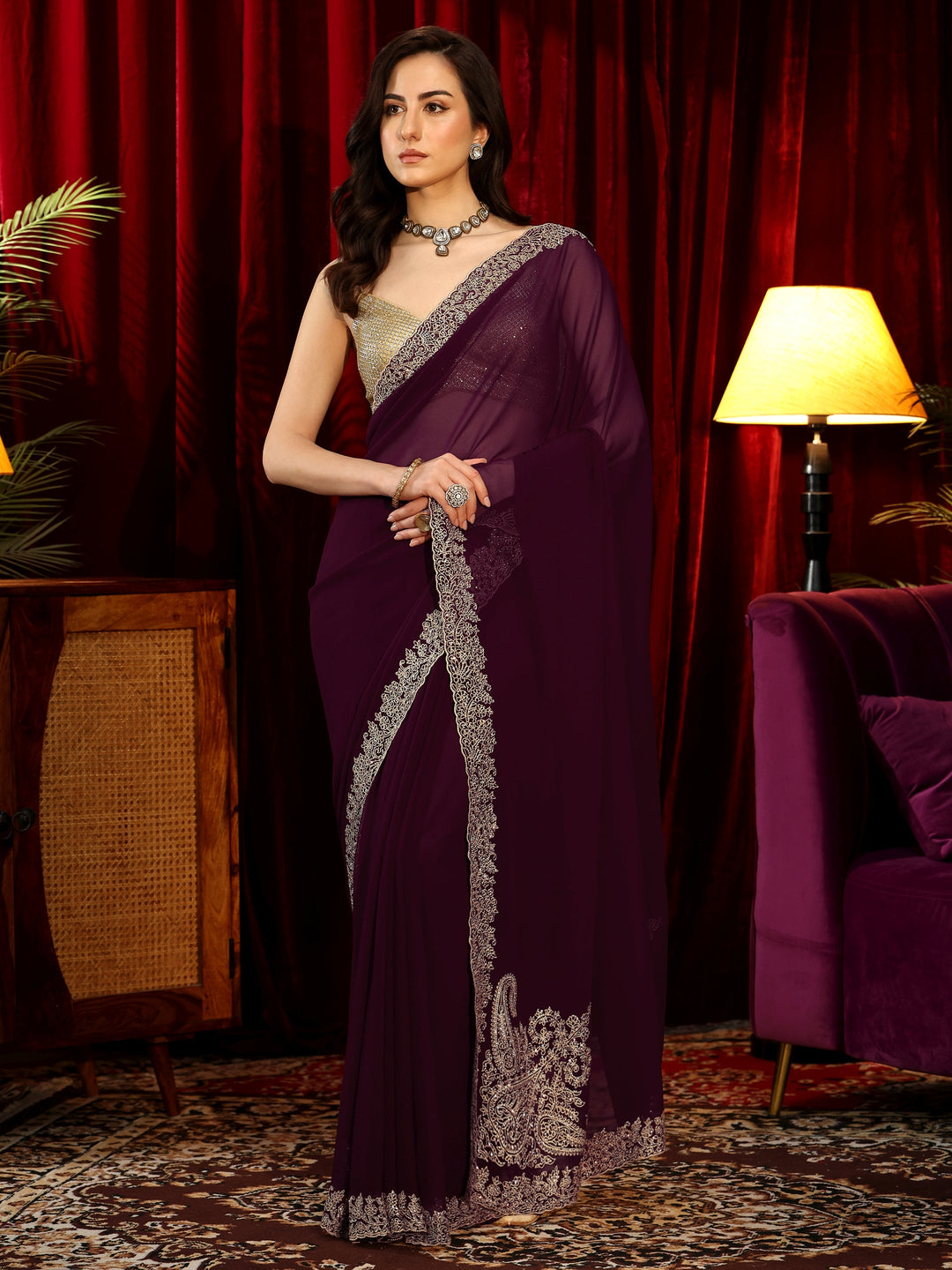 Libas Wine Red Solid Georgette Saree