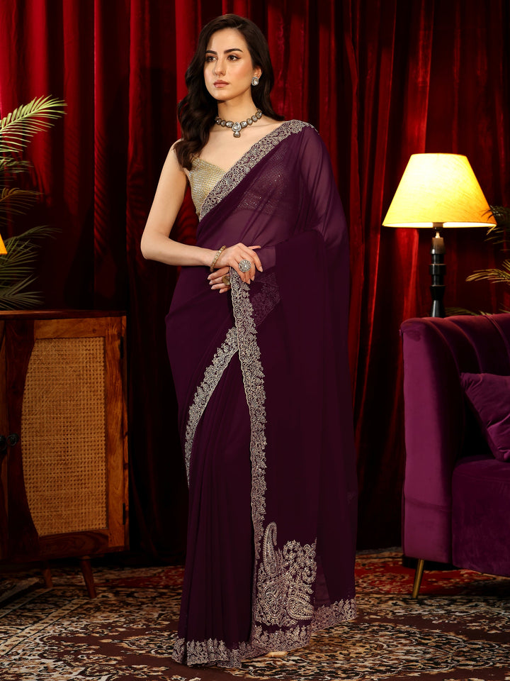 Libas Wine Red Solid Georgette Saree