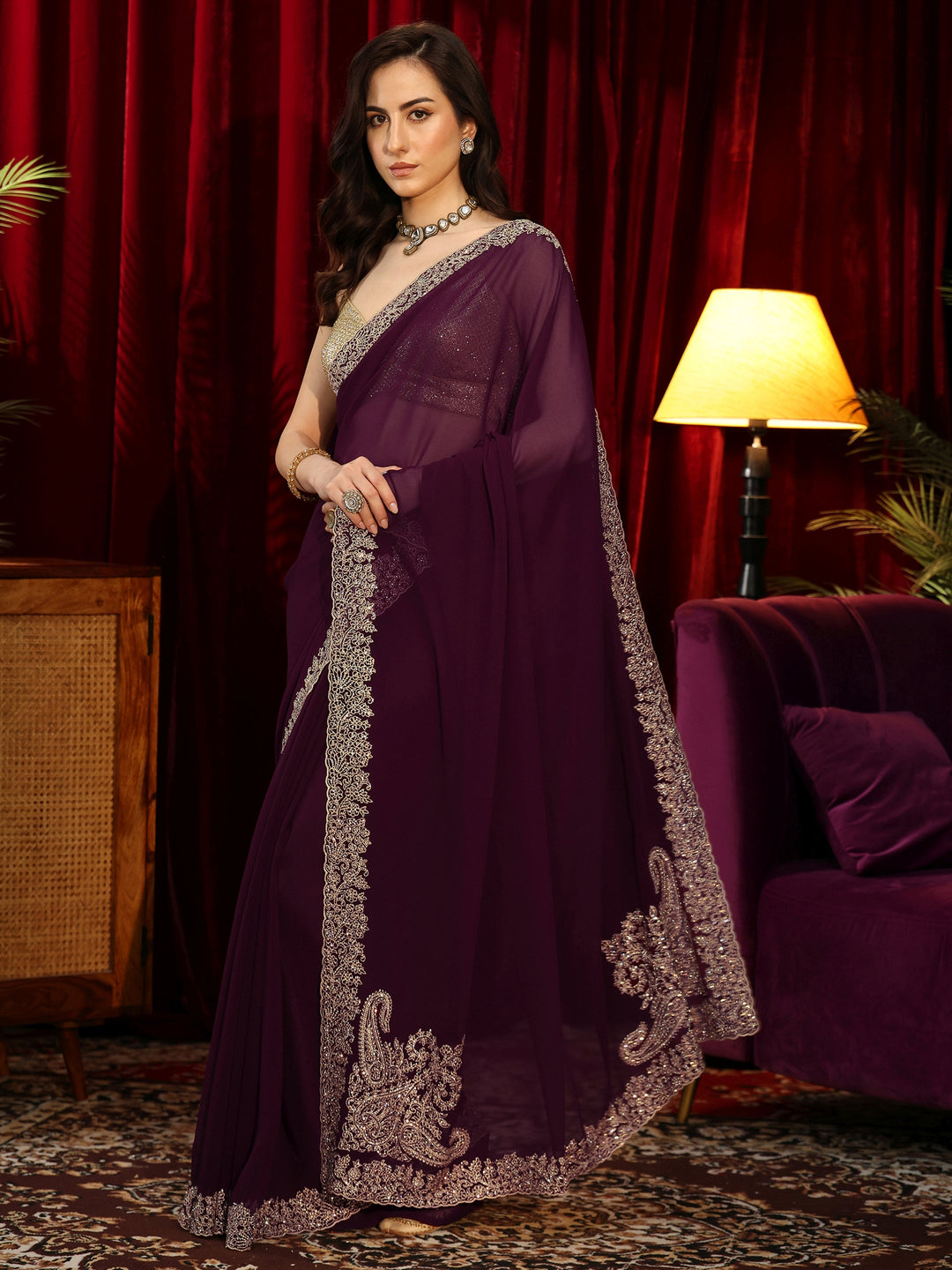 Libas Wine Red Solid Georgette Saree