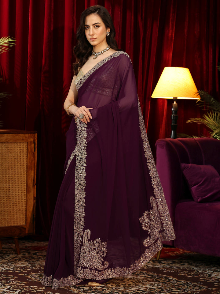 Libas Wine Red Solid Georgette Saree