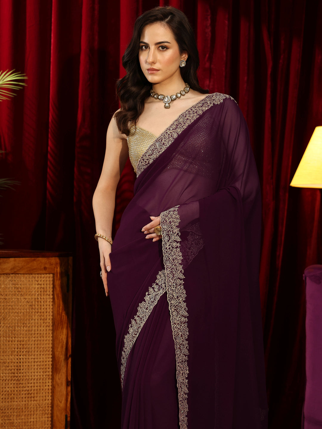 Libas Wine Red Solid Georgette Saree