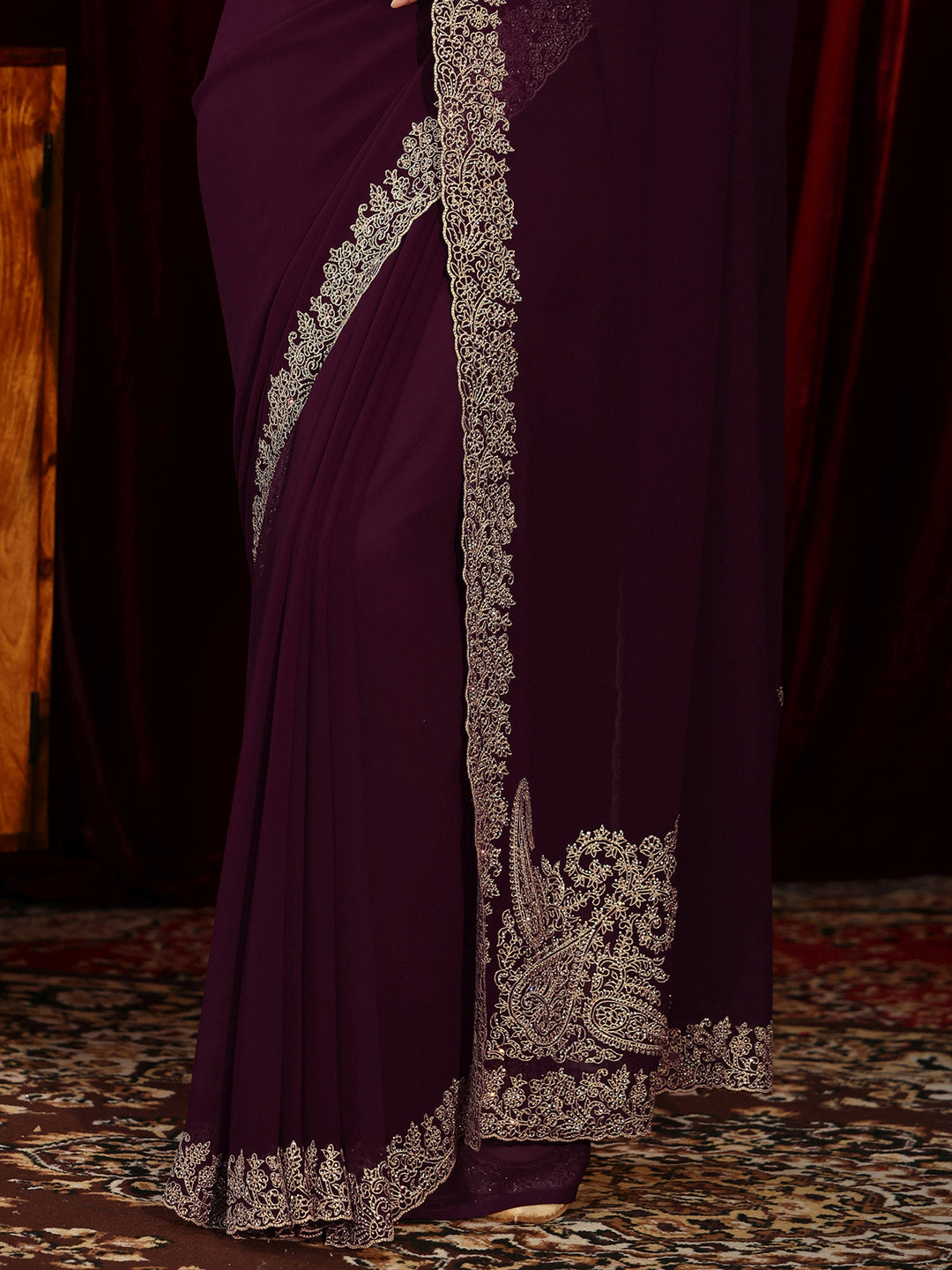 Libas Wine Red Solid Georgette Saree