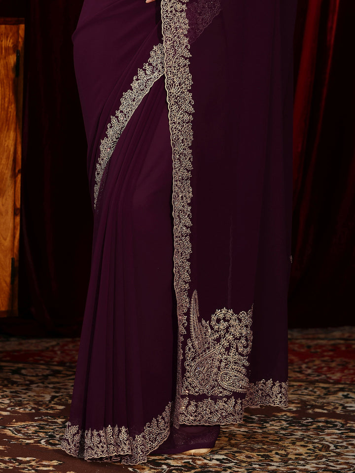 Libas Wine Red Solid Georgette Saree