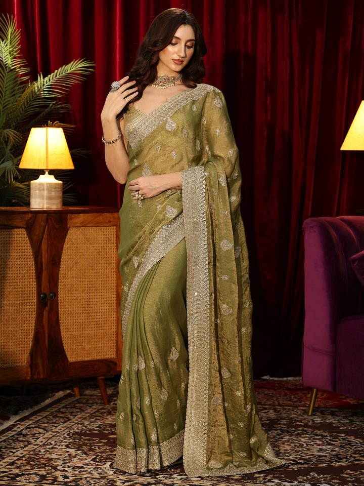Libas Henna Green Embellished Tissue Saree