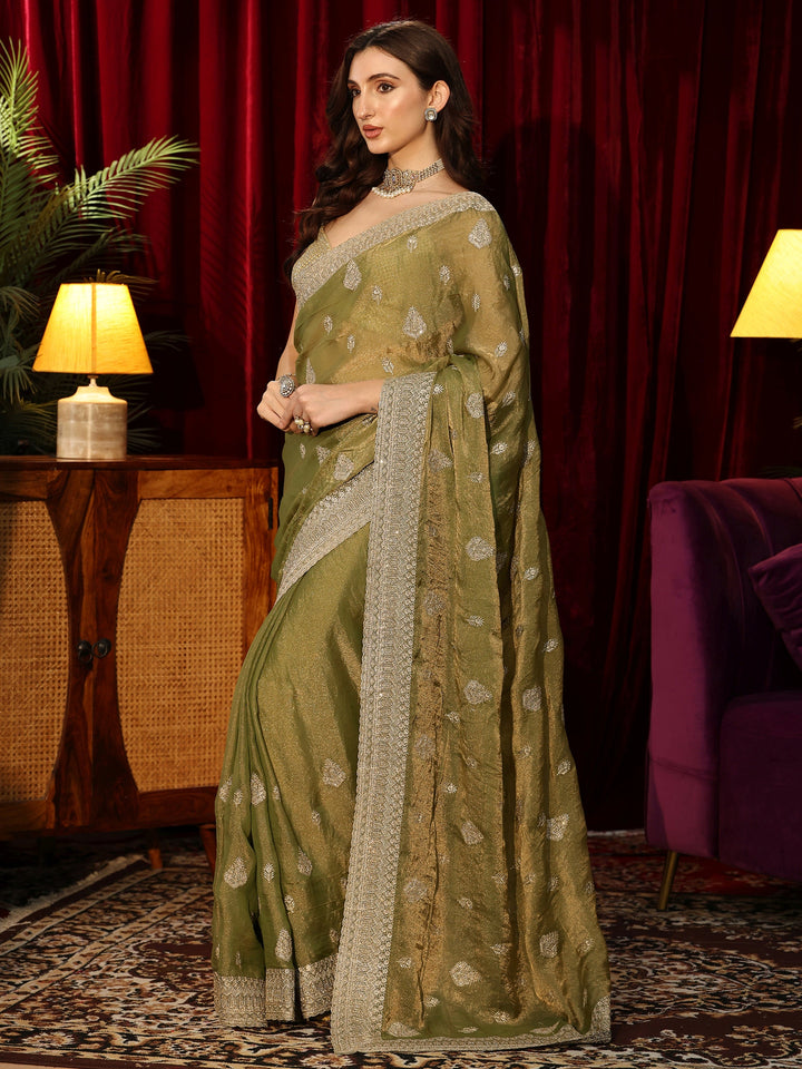 Libas Henna Green Embellished Tissue Saree