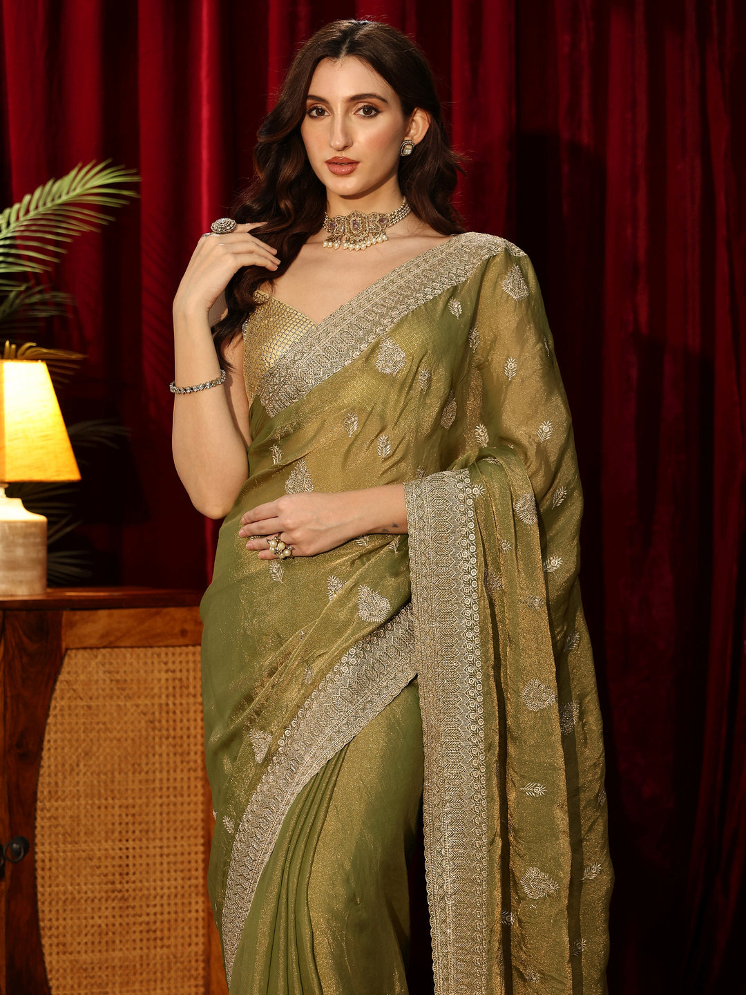 Libas Henna Green Embellished Tissue Saree