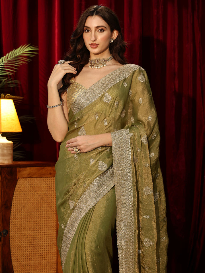 Libas Henna Green Embellished Tissue Saree