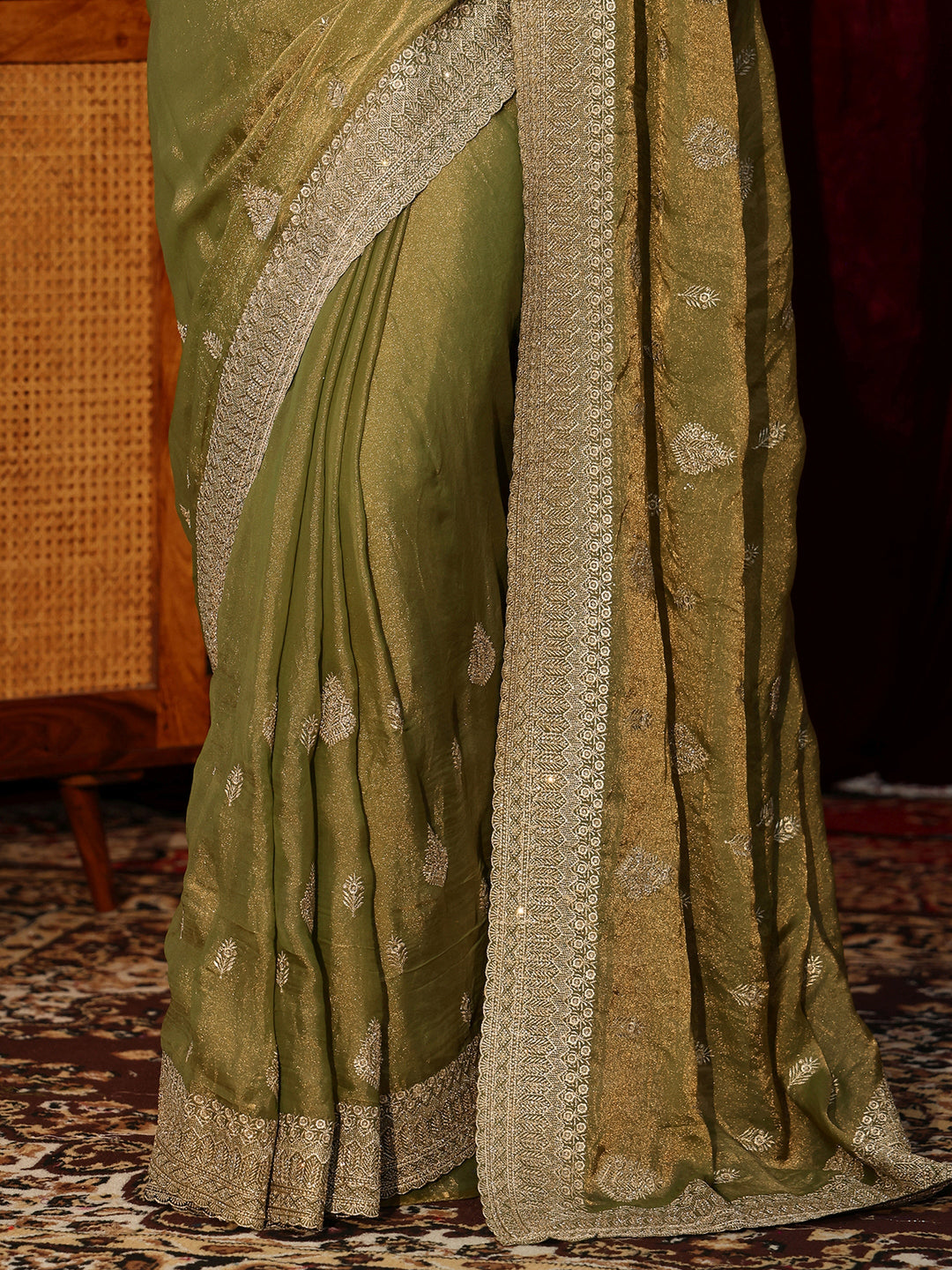 Libas Henna Green Embellished Tissue Saree