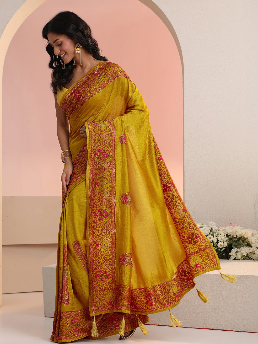 Libas Mustard Paisley Embroidered Silk Blend Saree