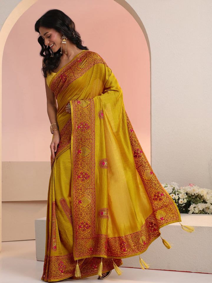 Libas Mustard Paisley Embroidered Silk Blend Saree