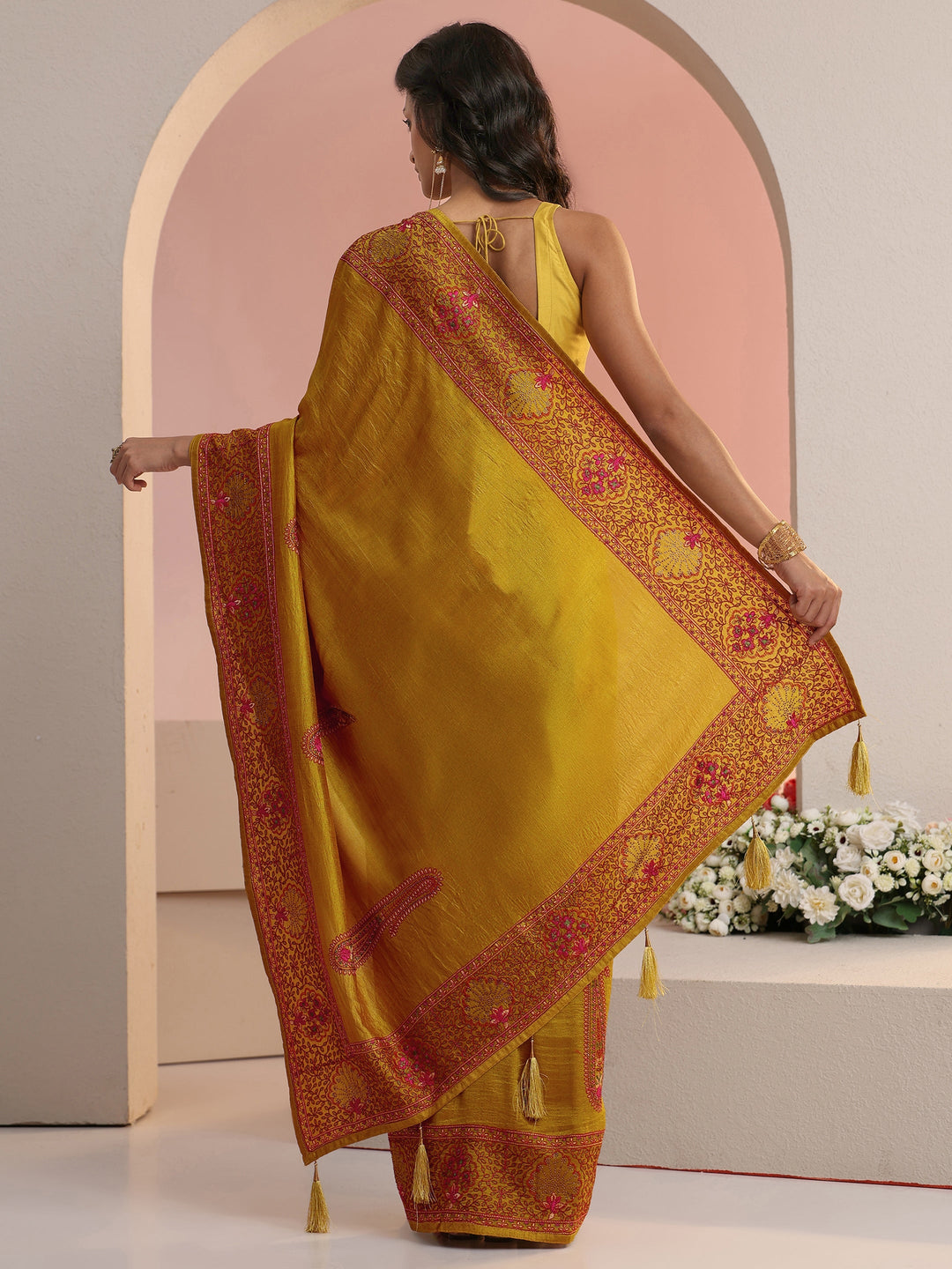 Libas Mustard Paisley Embroidered Silk Blend Saree