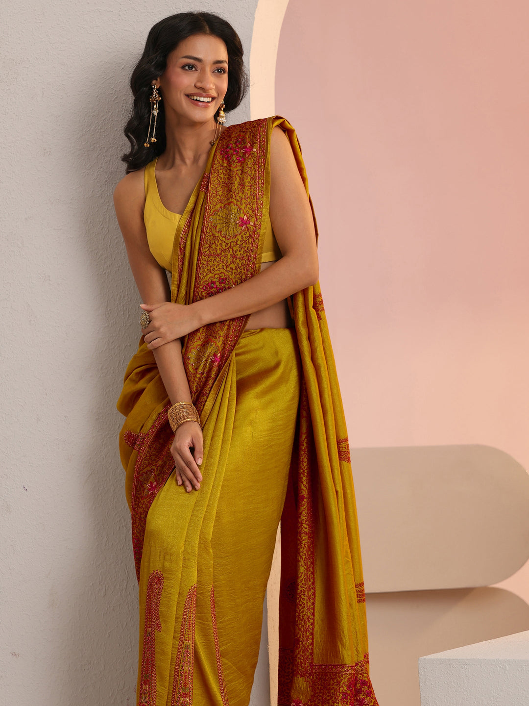 Libas Mustard Paisley Embroidered Silk Blend Saree