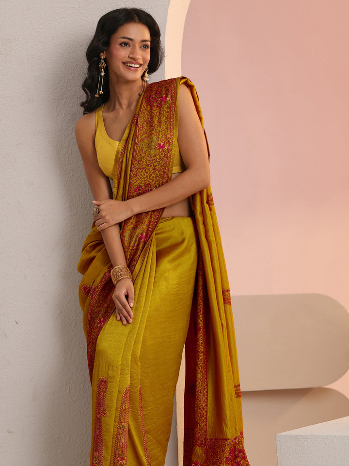 Libas Mustard Paisley Embroidered Silk Blend Saree