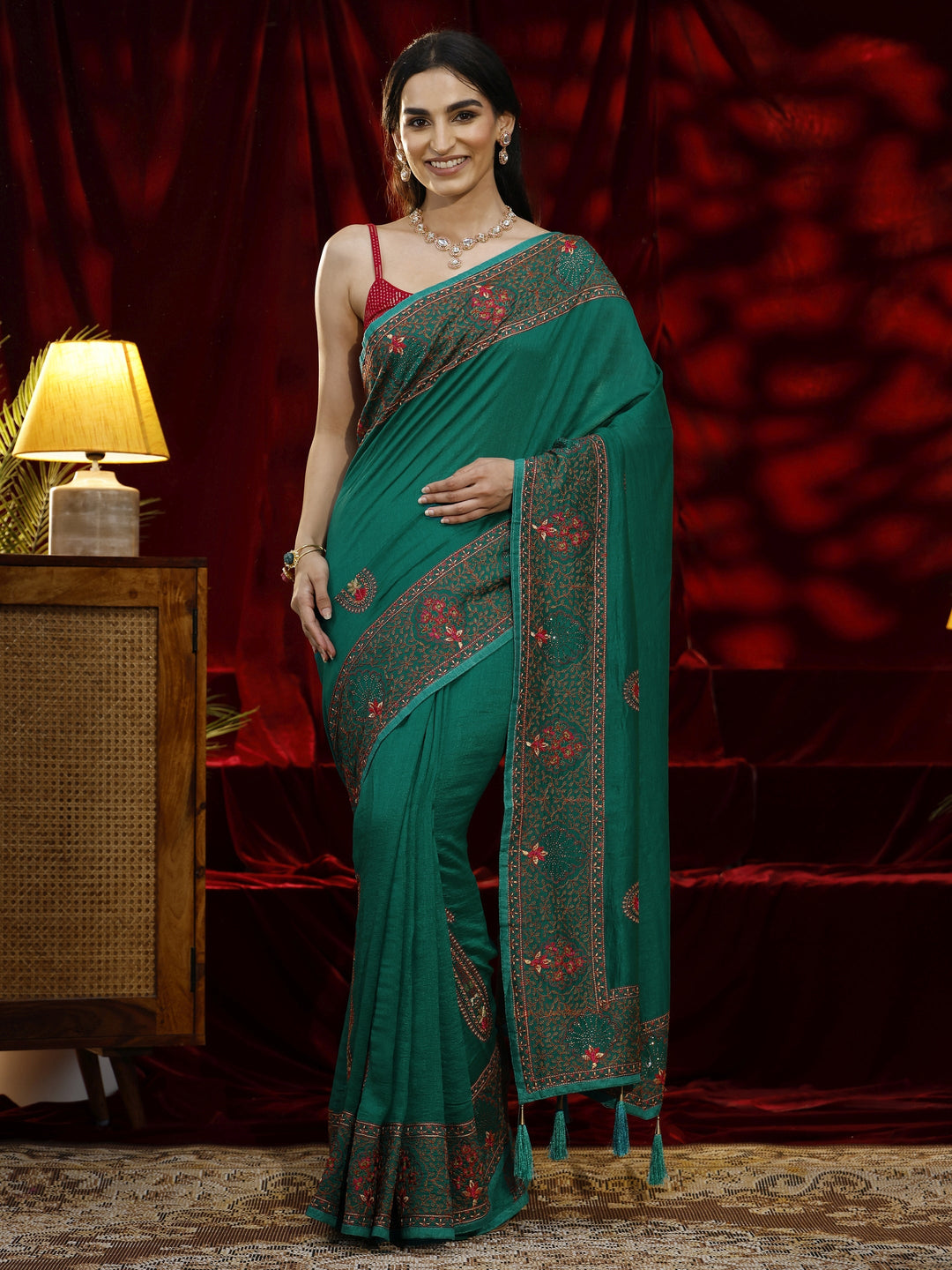 Libas Green Paisley Embroidered Silk Blend Saree
