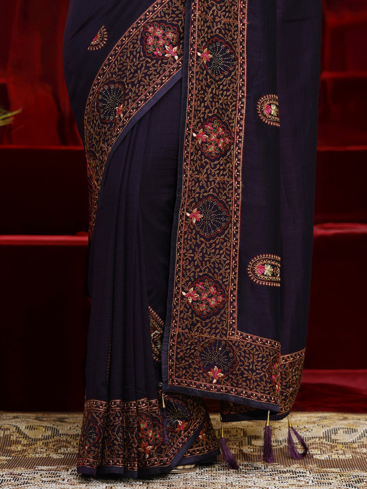 Libas Purple Paisley Embroidered Silk Blend Saree