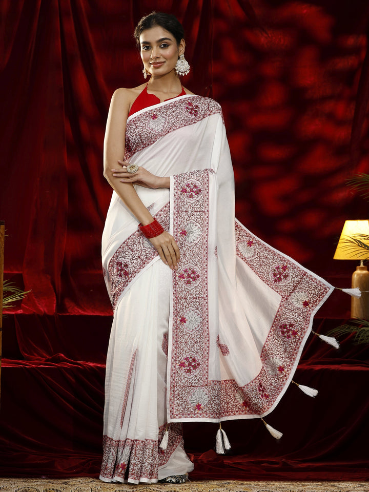 Libas Cream Paisley Embroidered Silk Blend Saree
