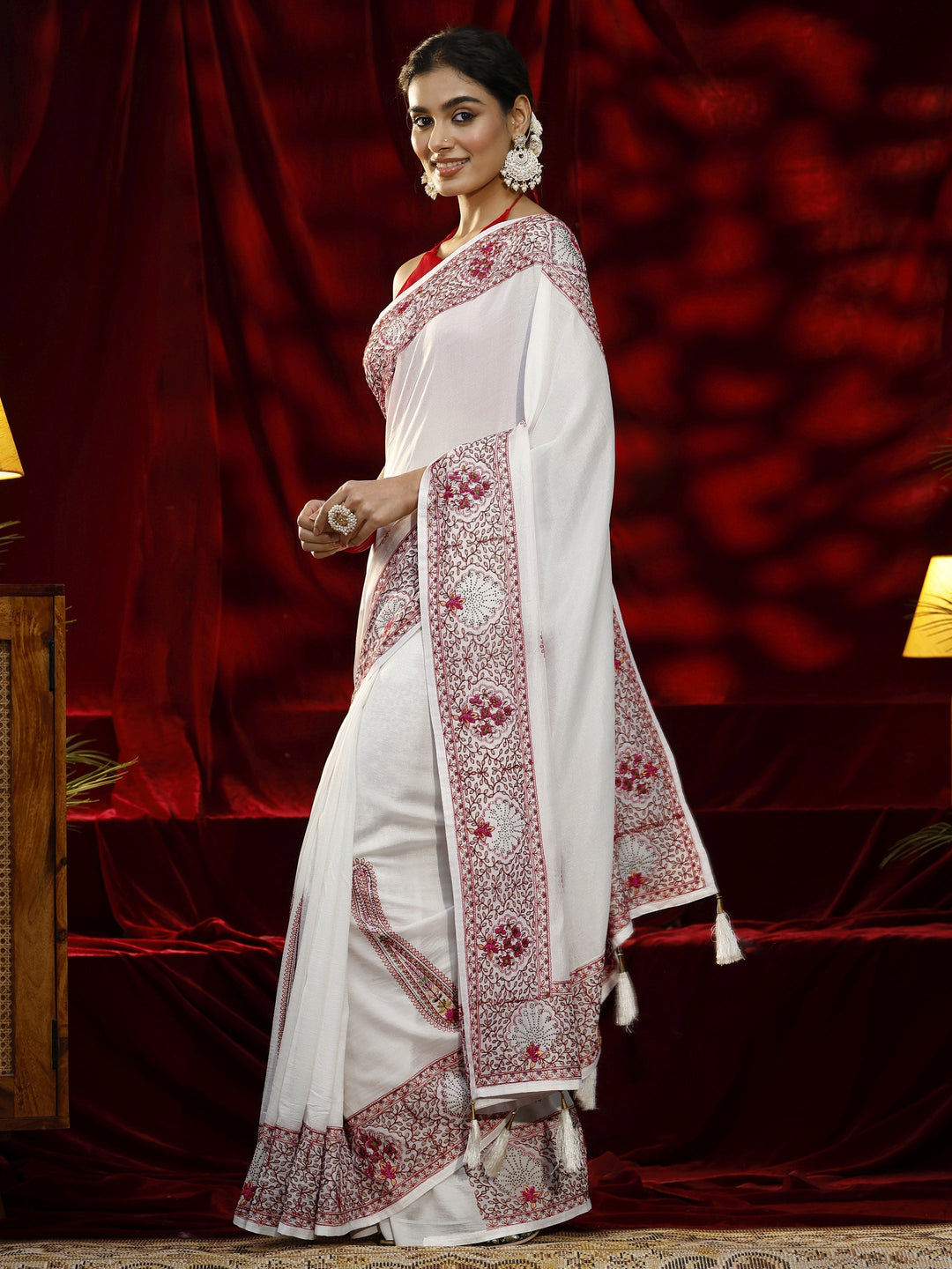 Libas Cream Paisley Embroidered Silk Blend Saree
