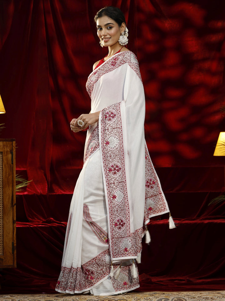Libas Cream Paisley Embroidered Silk Blend Saree