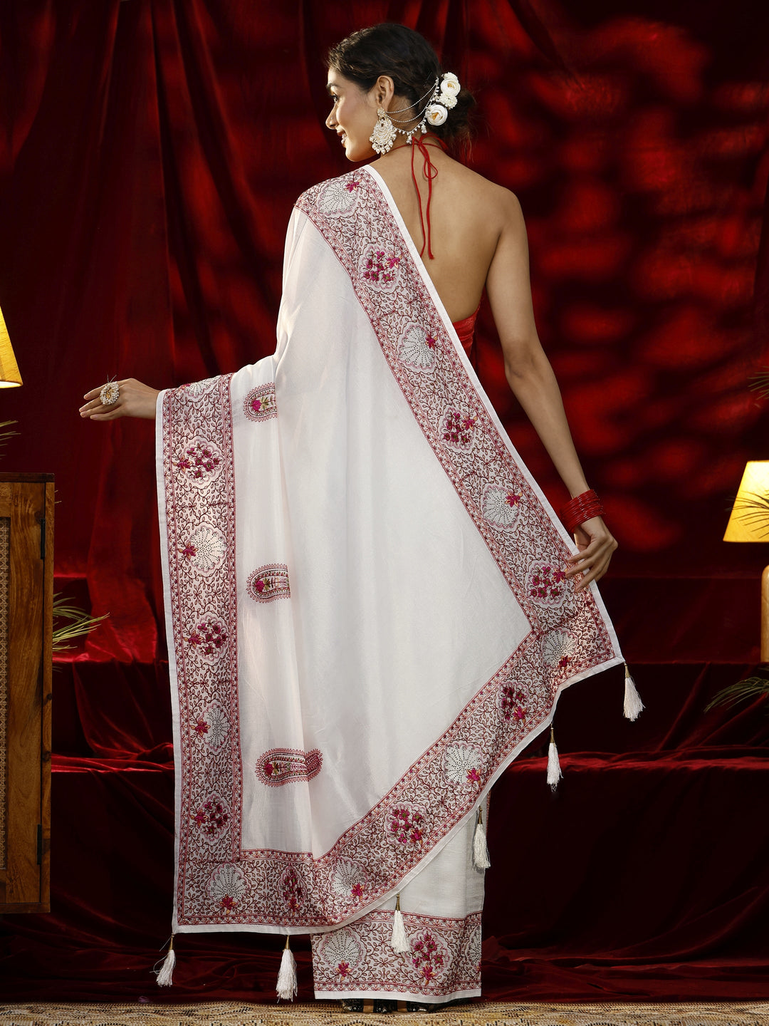 Libas Cream Paisley Embroidered Silk Blend Saree