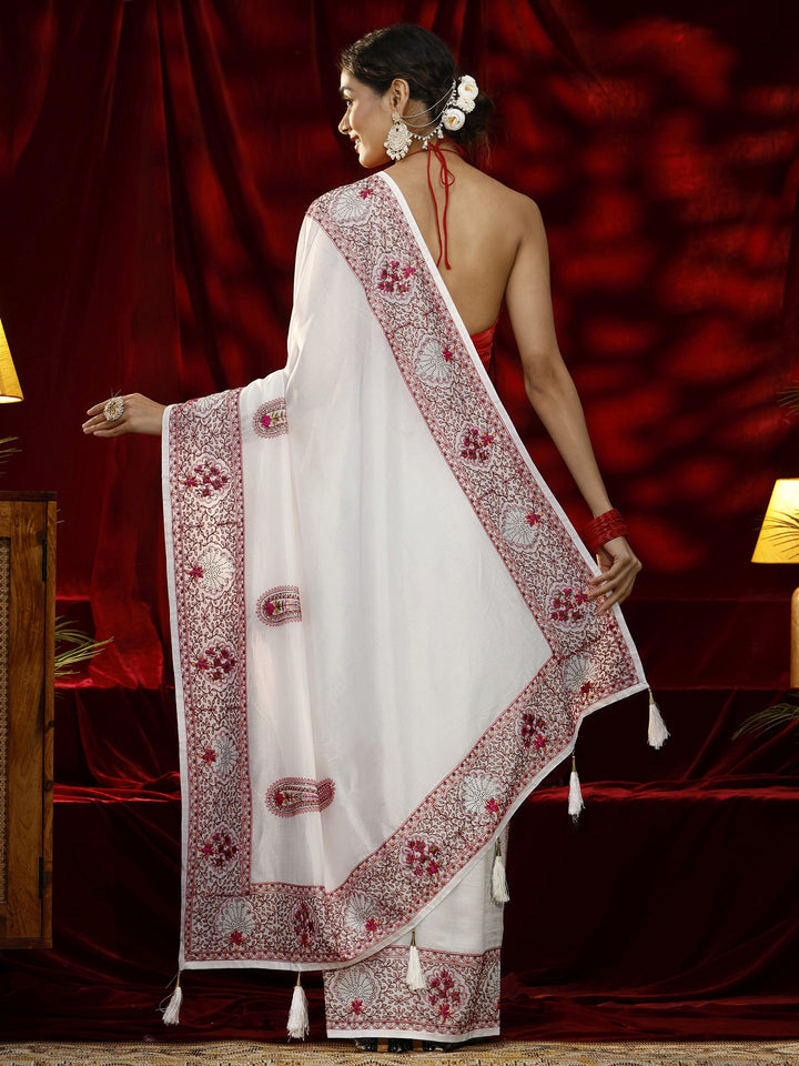 Libas Cream Paisley Embroidered Silk Blend Saree