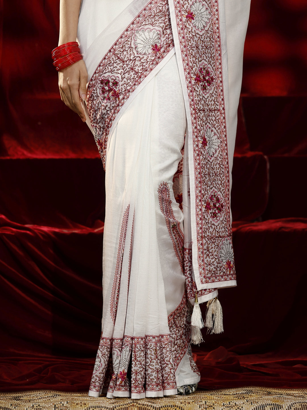 Libas Cream Paisley Embroidered Silk Blend Saree