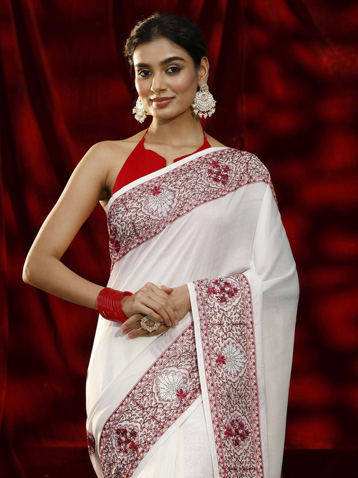 Libas Cream Paisley Embroidered Silk Blend Saree