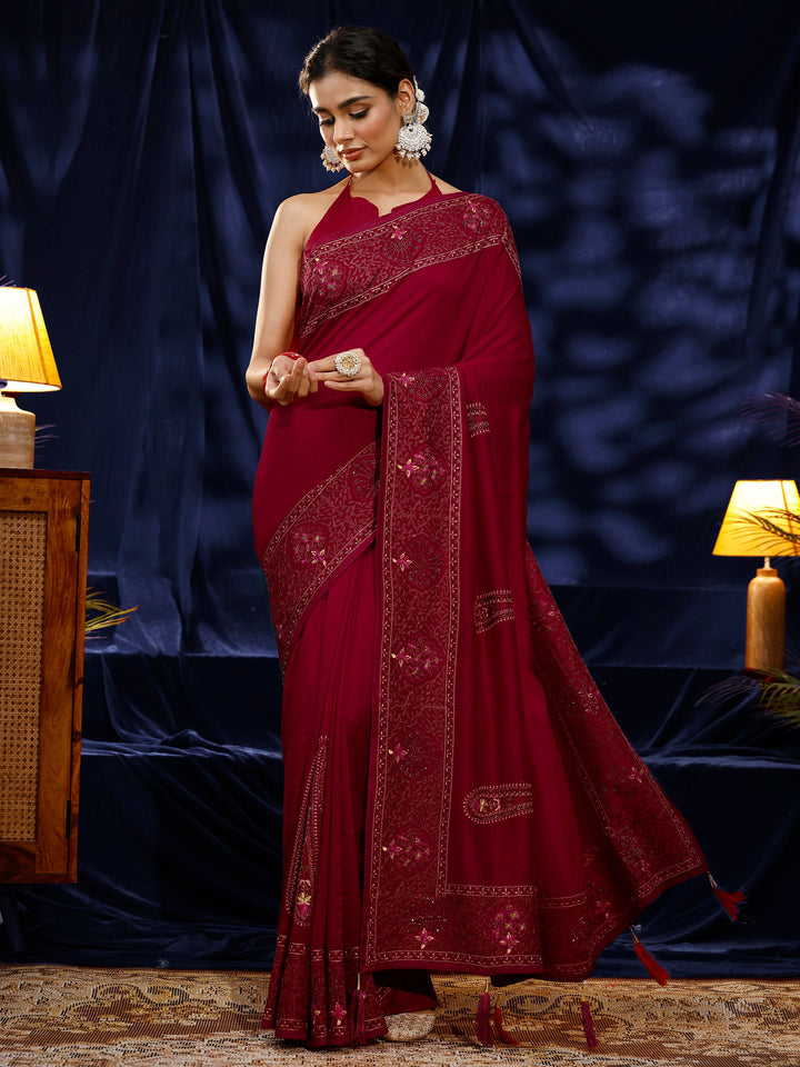 Libas Red Paisley Embroidered Silk Blend Saree