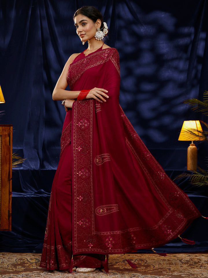 Libas Red Paisley Embroidered Silk Blend Saree