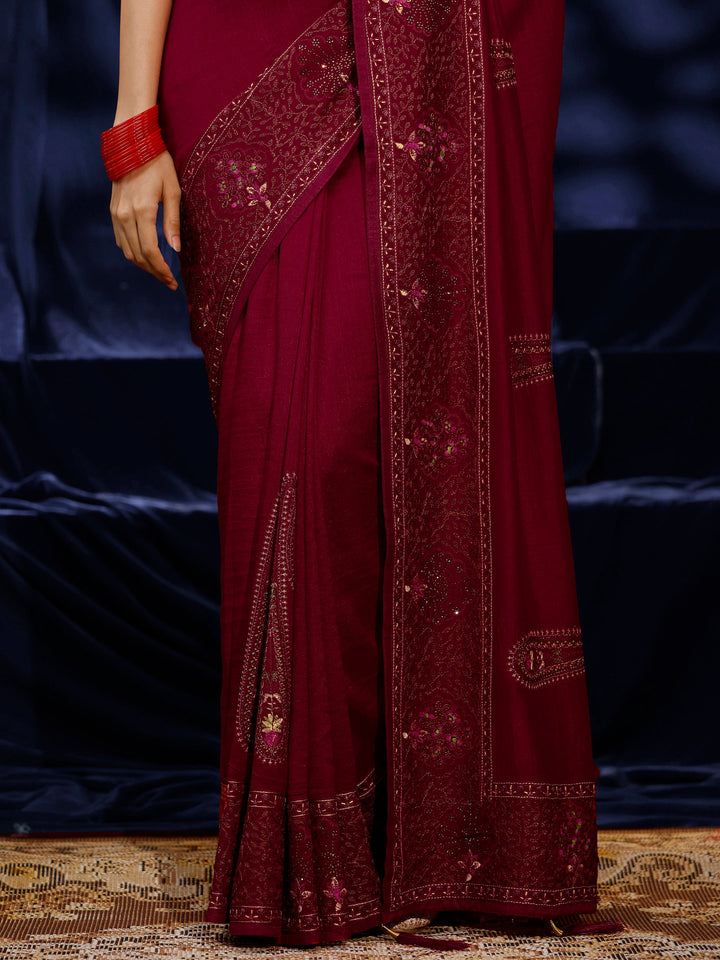 Libas Red Paisley Embroidered Silk Blend Saree