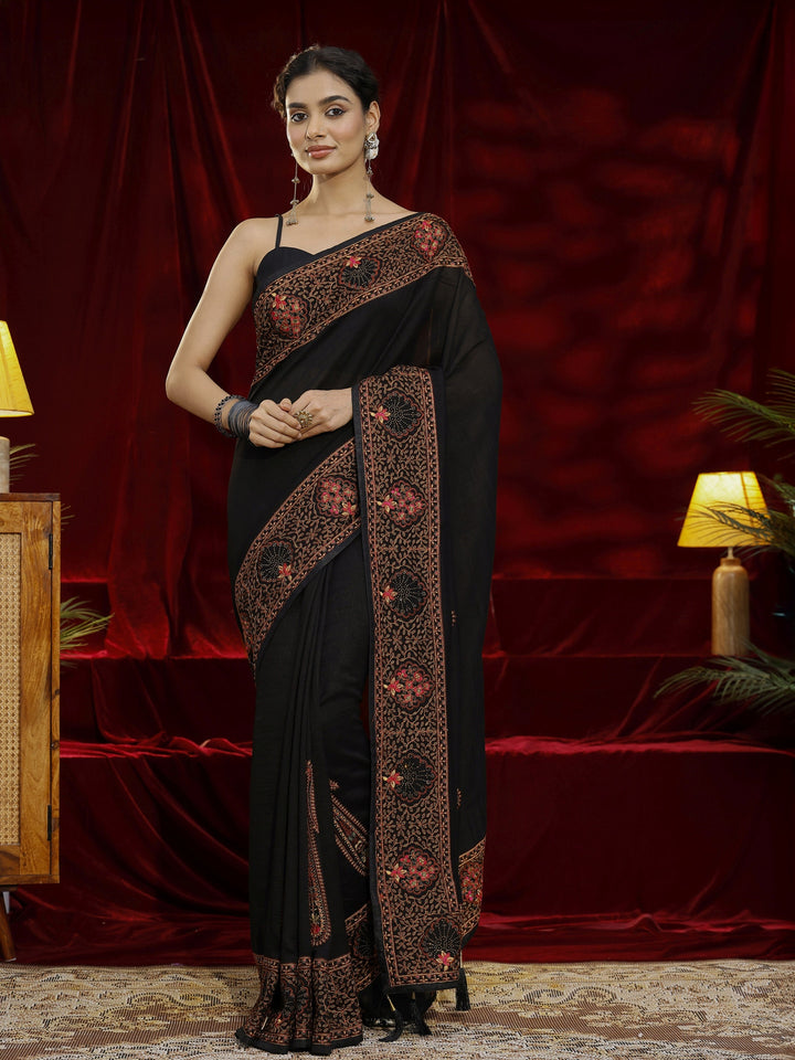 Libas Black Paisley Embroidered Silk Blend Saree