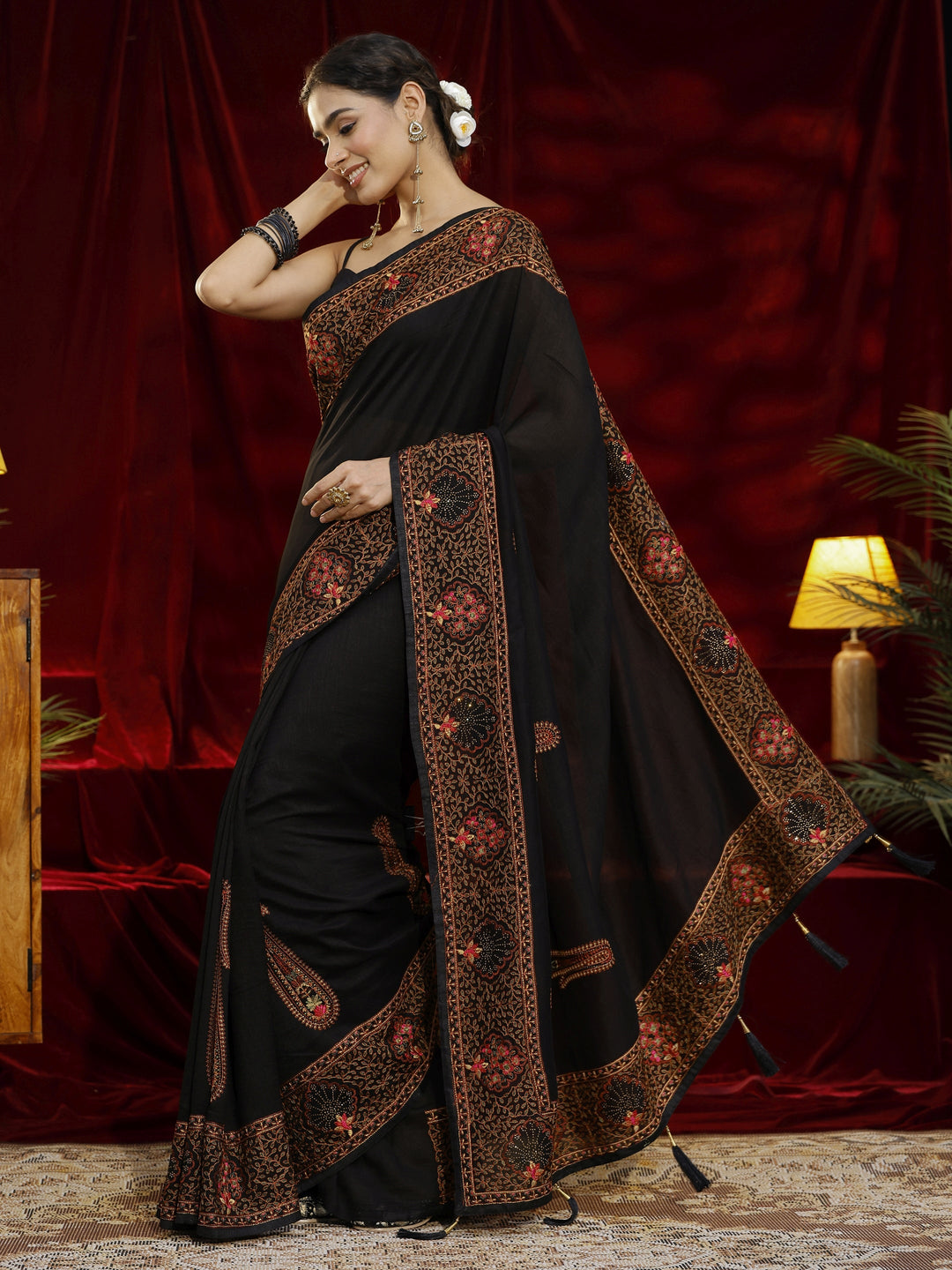 Libas Black Paisley Embroidered Silk Blend Saree