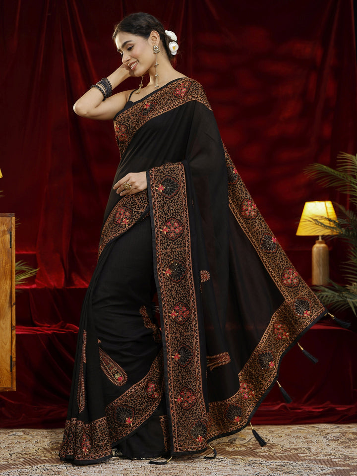 Libas Black Paisley Embroidered Silk Blend Saree