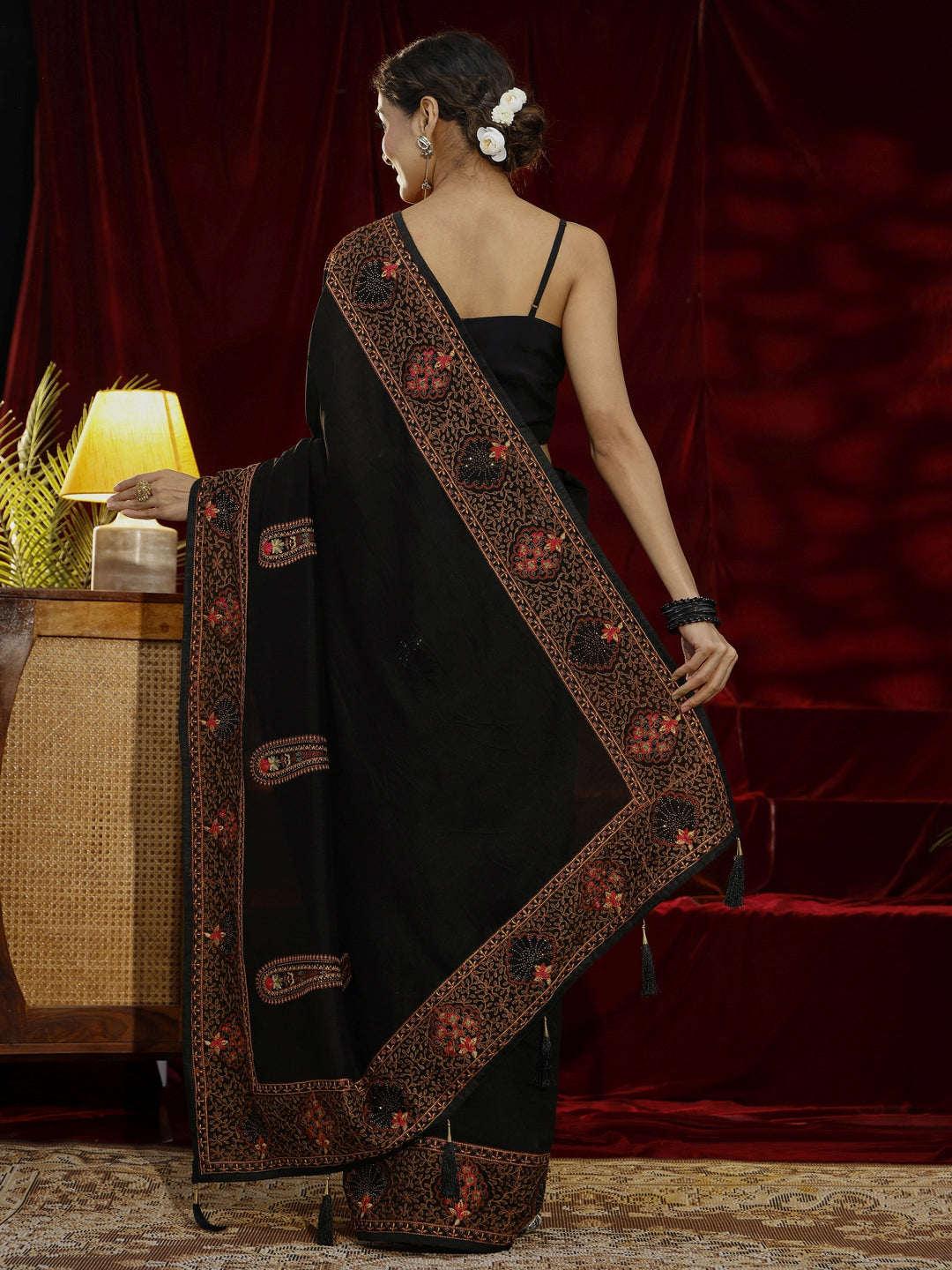 Libas Black Paisley Embroidered Silk Blend Saree