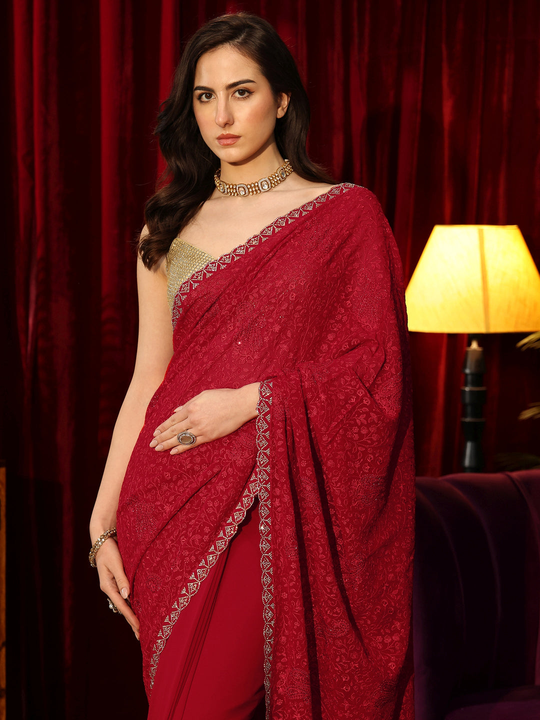 Libas Carmine Red Paisley Embroidered Georgette Saree
