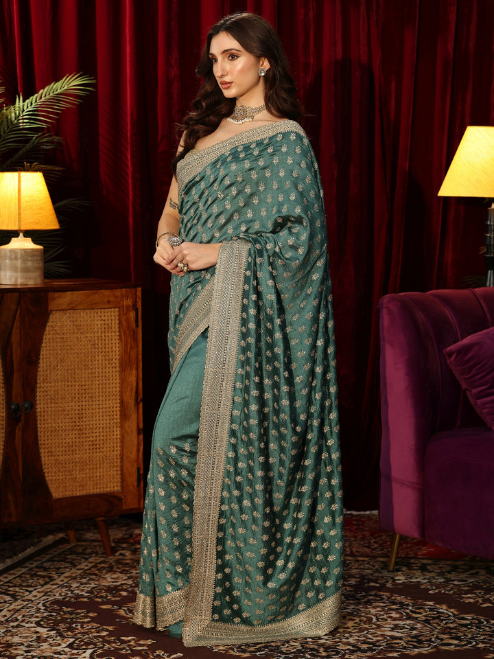 Libas Basil Green Embellished Silk Blend Saree