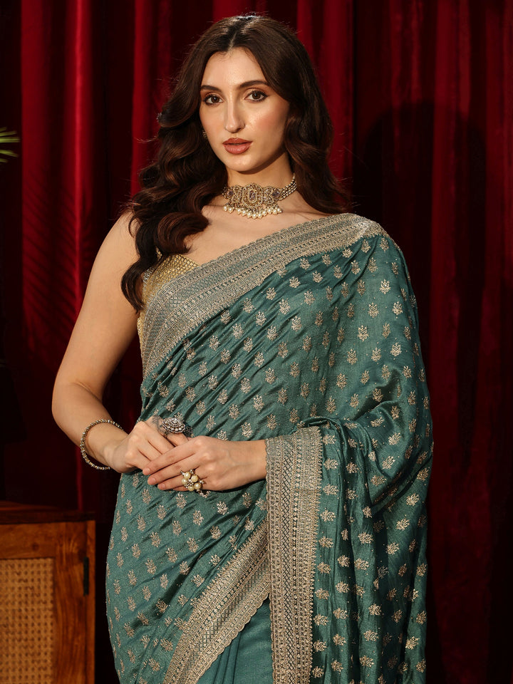 Libas Basil Green Embellished Silk Blend Saree