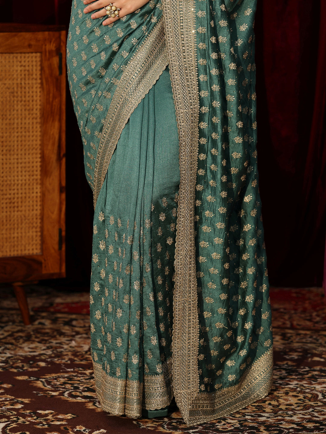 Libas Basil Green Embellished Silk Blend Saree
