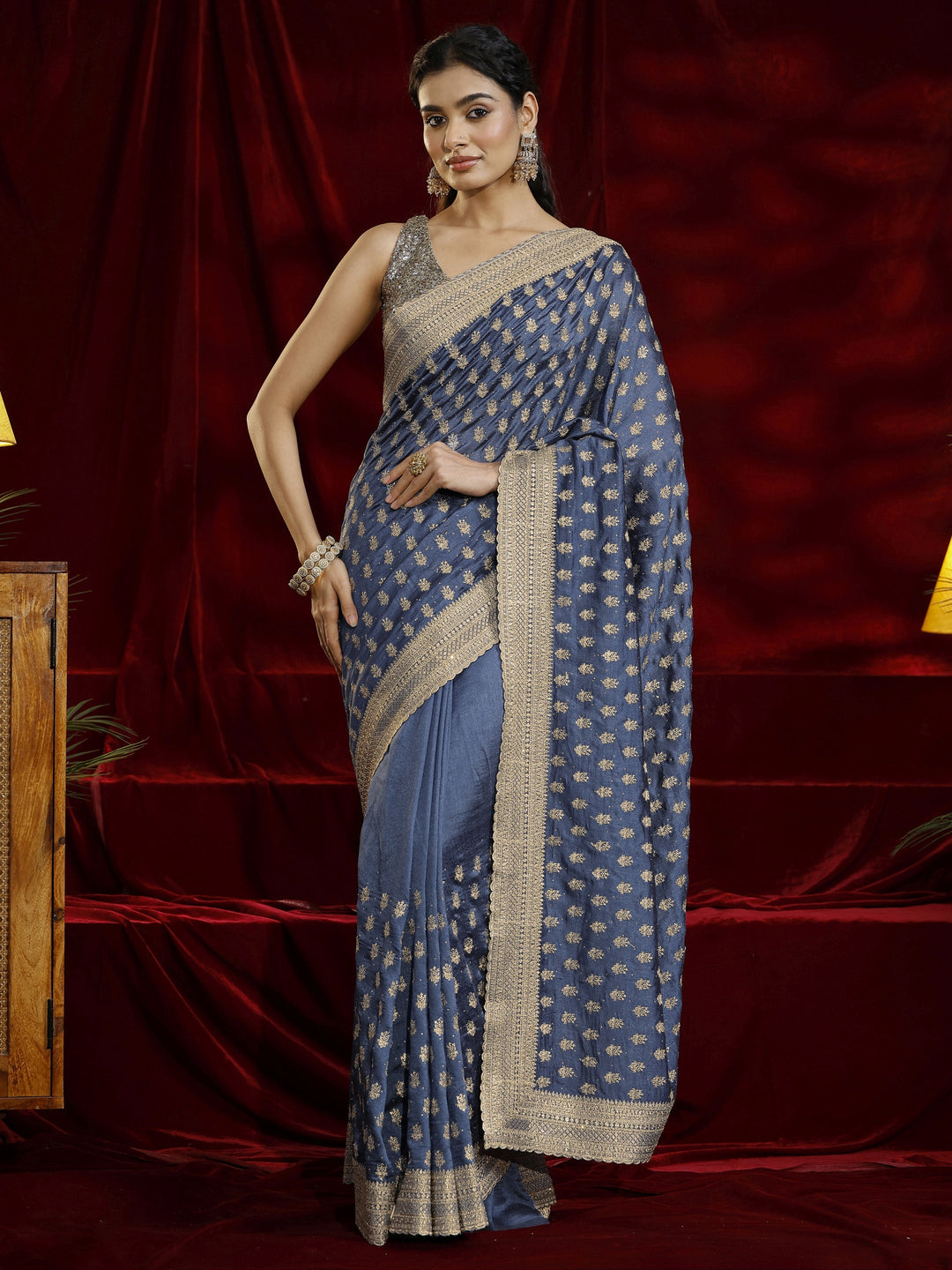 Libas Blue Ethnic Motif Embroidered Silk Blend Saree