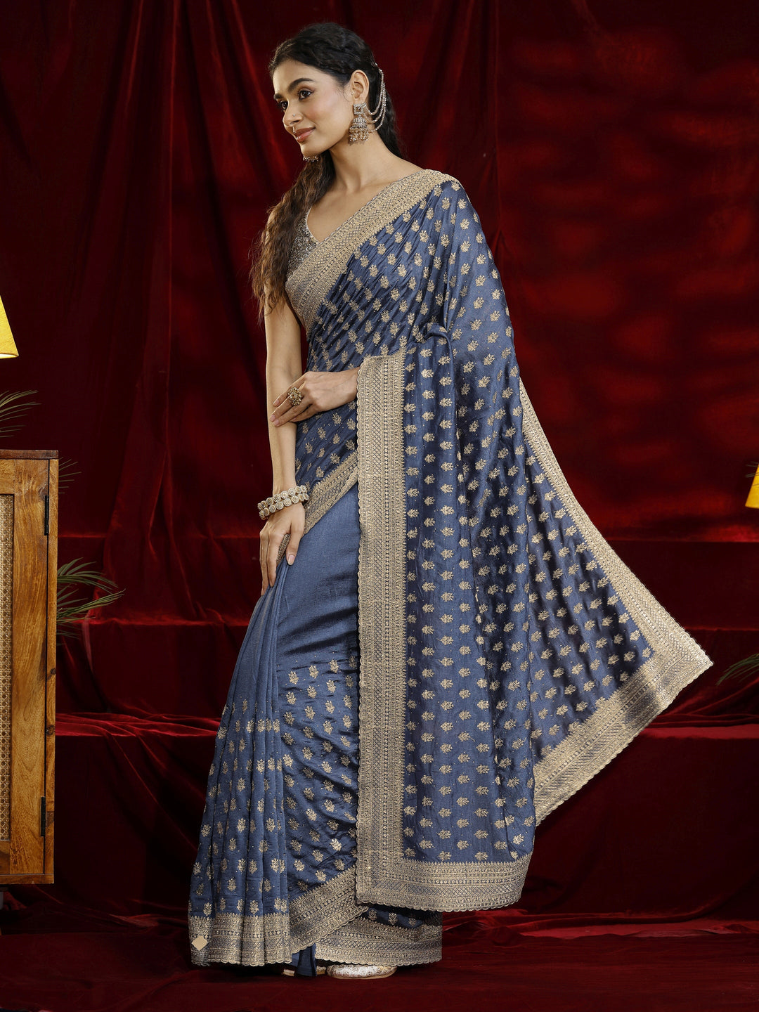 Libas Blue Ethnic Motif Embroidered Silk Blend Saree