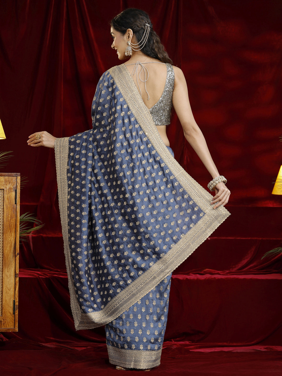 Libas Blue Ethnic Motif Embroidered Silk Blend Saree