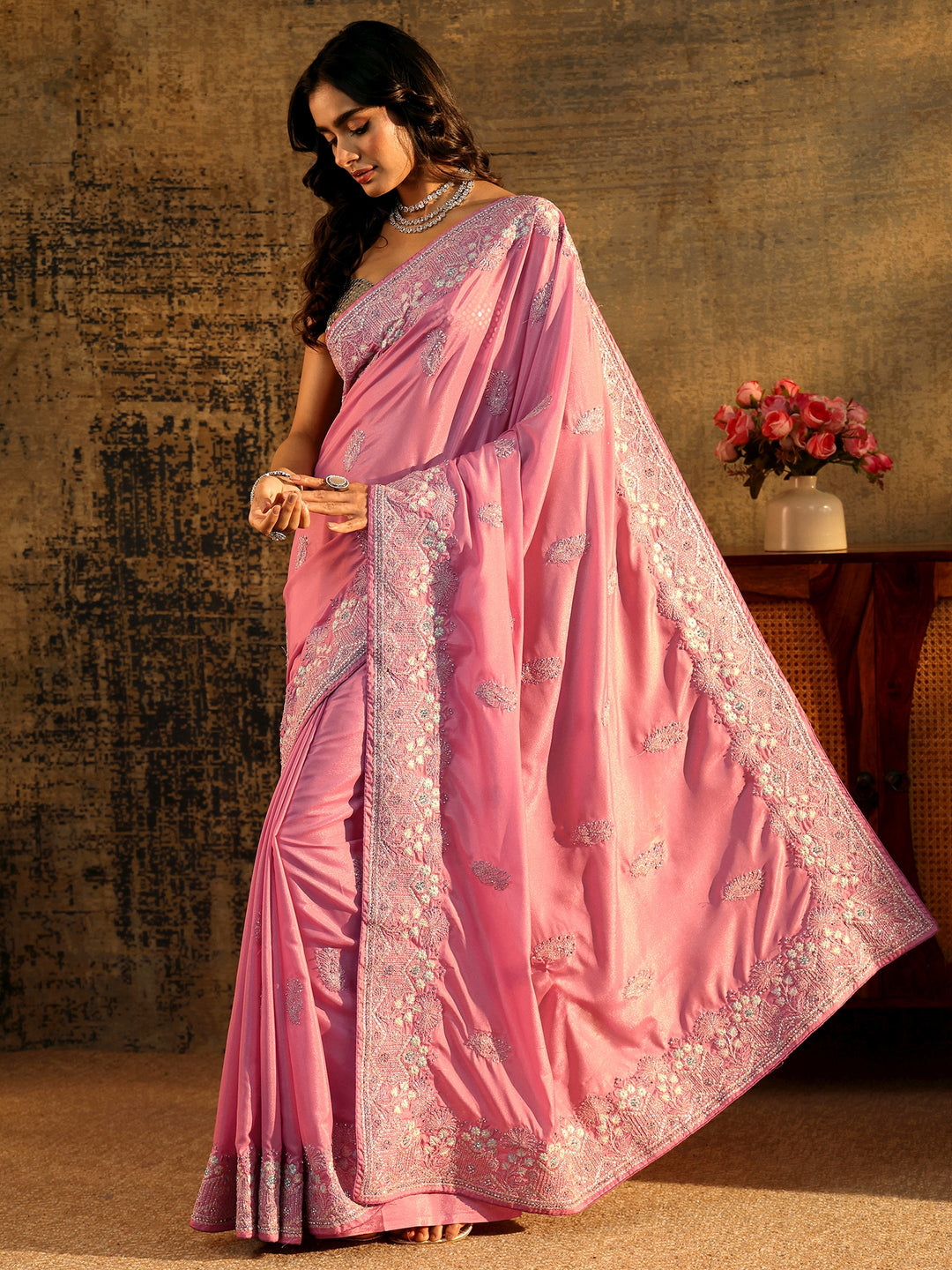 Libas Blush Pink Floral Embroidered Satin Saree