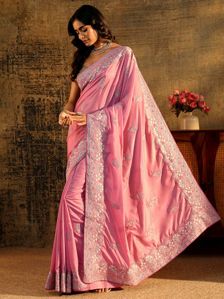 Libas Blush Pink Floral Embroidered Satin Saree