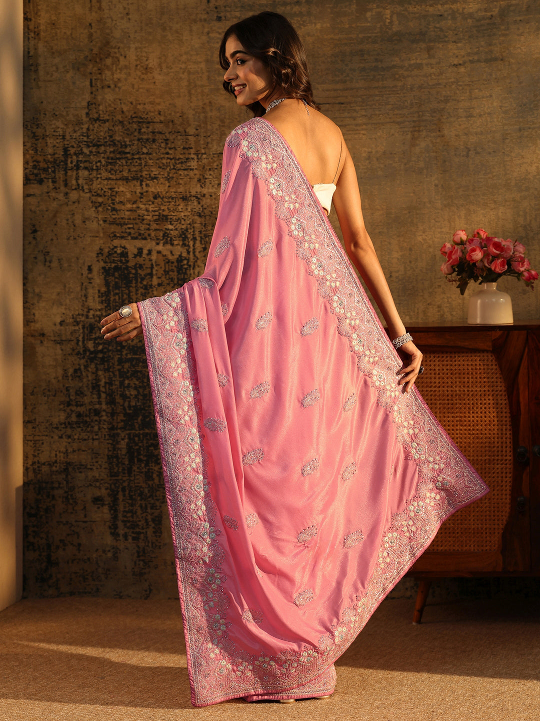 Libas Blush Pink Floral Embroidered Satin Saree