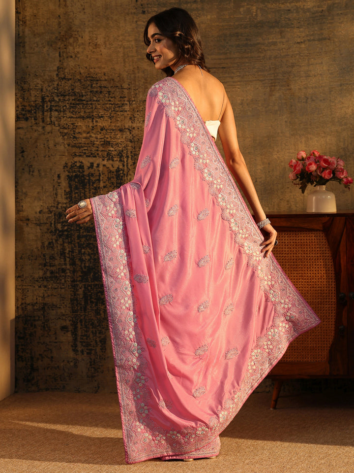 Libas Blush Pink Floral Embroidered Satin Saree