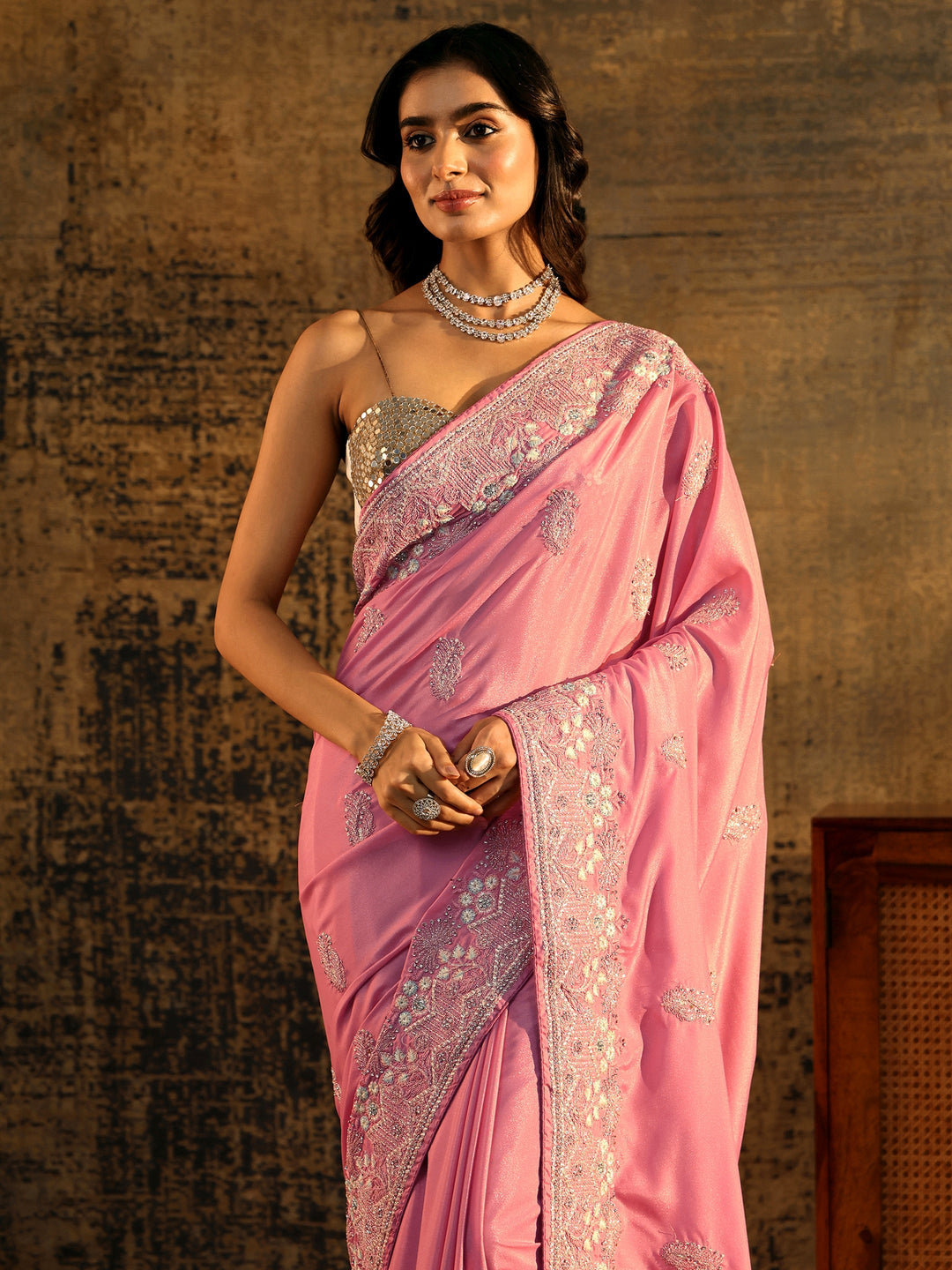 Libas Blush Pink Floral Embroidered Satin Saree