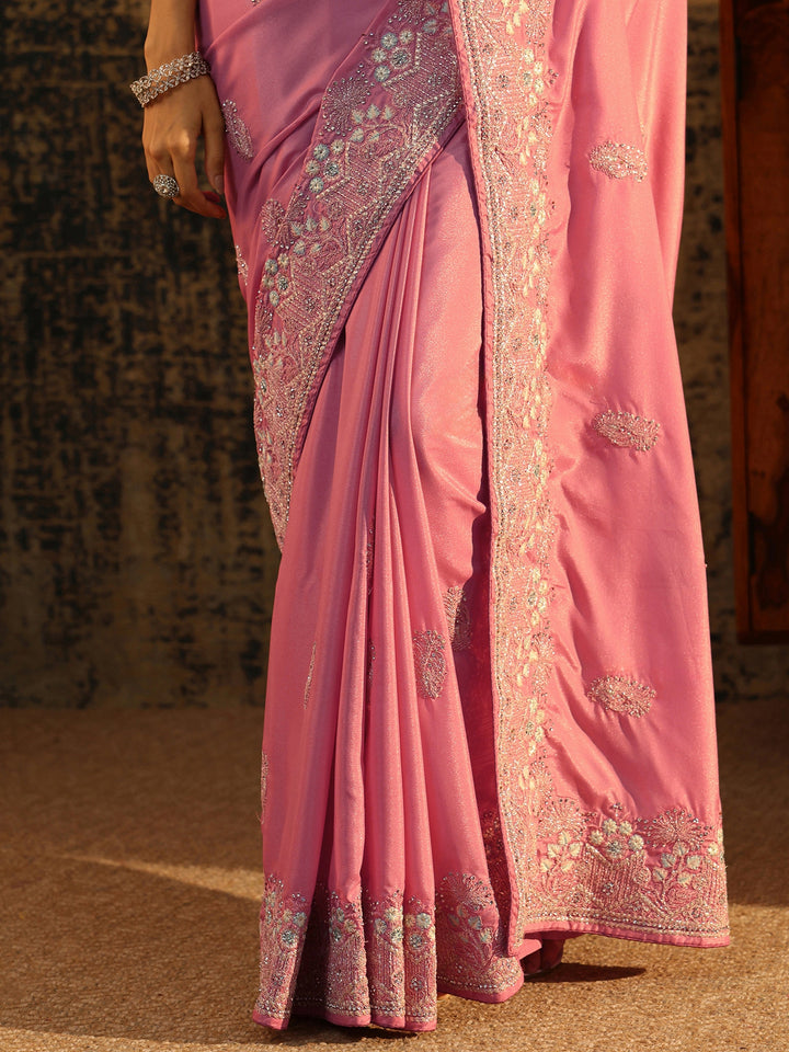 Libas Blush Pink Floral Embroidered Satin Saree