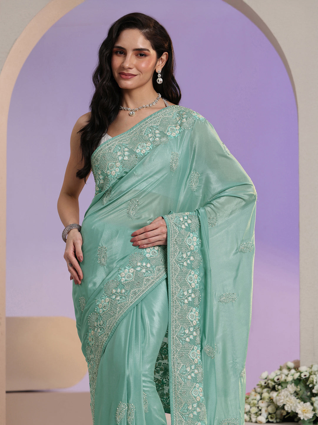 Libas Aqua Blue Embroidered Satin Saree